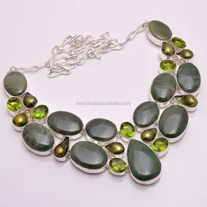 宝石纯银定制项链，天然橄榄石石英碧玉宝石饰品，制造商定制设计饰品
