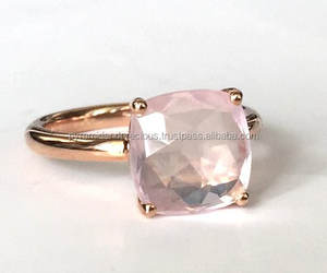 Anillo de Plata de Ley con Cuarzo Rosa Facetado en Forma de Cojín, Chapado en Oro Rosa, con Engaste de Puntas - Regalo de Boda para Ocasiones Festivas - Product Image 3