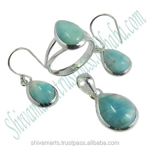Venta en línea 925 Sterling Silver Larimar Gemstone Earring Ring Set Fancy Silver Jewelry Proveedor - Product Image 2