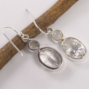 Pendientes de gemas de cuarzo cristal y piedra de Luna arcoíris natural 925 plata esterlina sólida hecha a mano nueva redonda y ovalada - Product Image 2