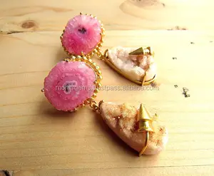 Boucles d'oreilles Druzy rose Agate et marron clair avec des balles en or