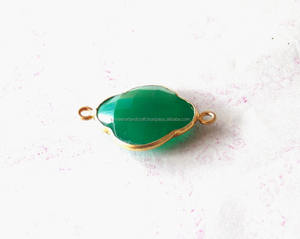 925 Sterling Silver Green Onyx Gemstone Charm Gold Plated Handmade <b>Clover</b> Shape Pendant Bezel Connector for Jewelry Making - Product Image 1