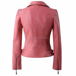 Veste en cuir d'agneau rose de style motard pour femme, tendance, véritable, grande taille, respirante pour la saison hivernale - Product Image 2
