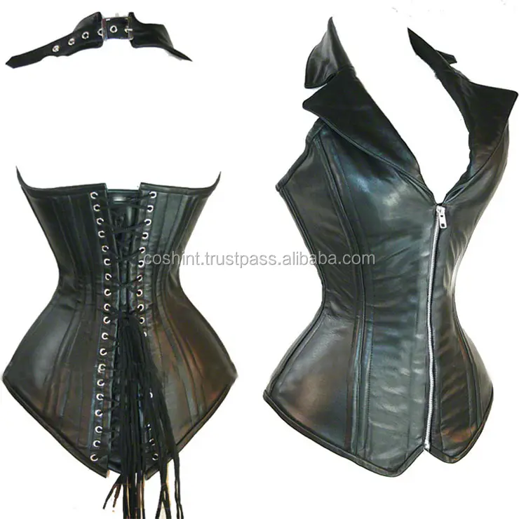 COSH corsetto Overbust corsetto in pelle con allacciatura aderente regolabile in pelle nera di nuovo Design con collari