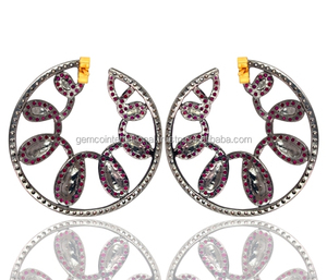 Pendientes de aro de oro amarillo con gema de rubí Natural, joyería fina hecha a mano, con diamantes de pavé, Estilo Vintage - Product Image 2
