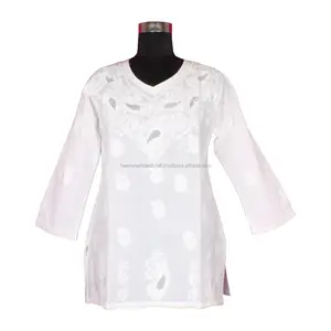 DR163 Indian Cotton Chicken Embroidered Women Tunic Dress Handmade Lucknowi Chicken White Kurti Cotton Chikankari shirt tunic