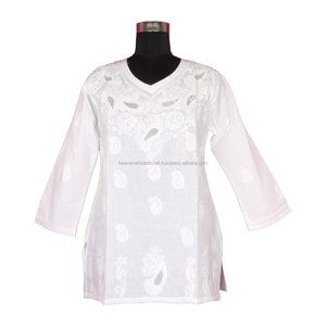 DR163 Indian Cotton Chicken Embroidered Women Tunic <b>Dress</b> Handmade Lucknowi Chicken <b>White</b> Kurti Cotton Chikankari <b>Shirt</b> Tunic - Product Image 1