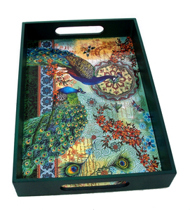 Bandeja DE SERVICIO DE MADERA rectangular personalizada hecha a mano con estampado de ilustraciones de pavos reales coloridos para servicio de comida y decoración de habitaciones - Product Image 2