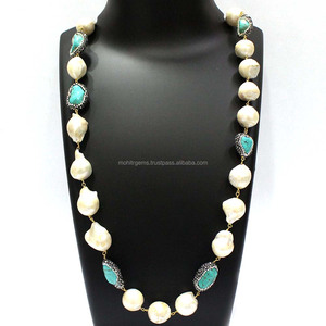 36 "นิ้วยาวไม่มีที่สิ้นสุดรูปร่างไม่สม่ำเสมอเทอร์คอยส์กับบาร์บีคิวมุกยาวสร้อยคอลูกปัด - Product Image 2