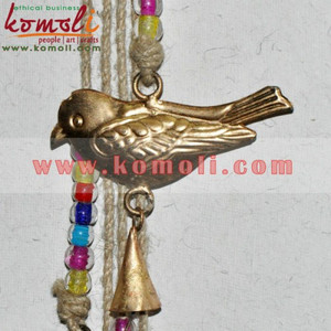 Handcrafted metal bird and bell wind chime, decorative hanging <b>ornament</b> with beaded string, artisan <b>wall</b> decor - Product Image 2