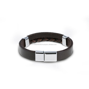 Handmade <b>Brown</b> <b>Leather</b> Steel <b>Bracelet</b> <b>Men</b> Women Adjustable Braided Wrap Cuff Classic Style Custom Logo Available OEM Gift - Product Image 2