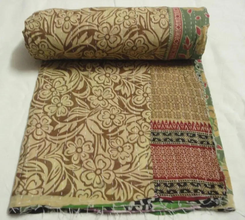 빈티지 인도 Kantha 퀼트 오래된 사리 침대보 Gudari 던지기 패치 워크 코튼 가역 수제 담요 침구 Kantha