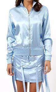 Gök mavisi saten kızlar bombacı ceket \ fabrika moda genç kadın PVC bombacı ceket \ 2017 yeni gelmesi özel tasarım bombacı ceket