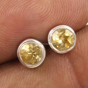 Contoh harga pabrik anting-anting kancing perak murni 925 citrine kuning potongan murni murni anting-anting fashion untuk wanita