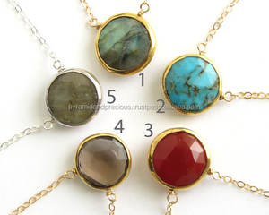 Collier avec pendentif rond en pierre précieuse, ensemble de lunette, plaqué or, argent Sterling, pendentif rond - Product Image 3