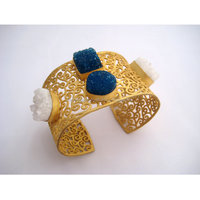 Bracelet manchette ovale ajustable pour femme en agate blanc sucre bleu foncé, filigrane artisanal complexe, alliage orné de pierres précieuses