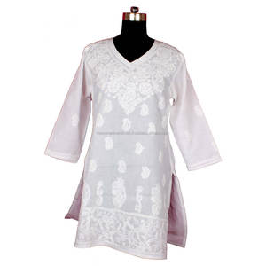 DRL027 Chicken <b>Embroidered</b> Long Kurta Indian Cotton <b>Tunic</b> Floral Top Holiday Clothed Size S, M, L, XL, XXL Western Party Wear - Product Image 1