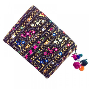 Hecha a mano India Vintage Banjara Tribal Gypsy embrague monedero etéreo estilo bohemio cremallera solapa cierre bordado borla PU - Product Image 1
