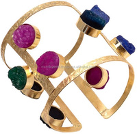 Brazalete de Moda para Mujer, Hecho a Mano, Vintage, Ajustable, de Aleación de Metal, con Hermosa Curva de Ágata Azul, de un Solo Color