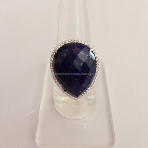 Bague ajustable en argent sterling 925 plaqué rhodium avec lapis-lazuli et pavé de zircone cubique, romantique et tendance pour les fêtes - Product Image 2