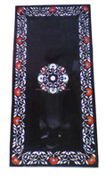 Table de salle à manger rectangulaire 4 places en marbre noir, incrustation micro-mosaïque artisanale moderne et antique, style indien