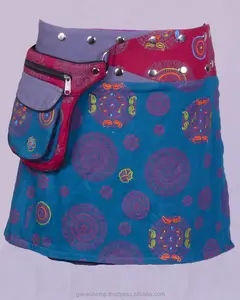 Polka Dot Exotische Print In Blauw Ivy Grijs Schaduw Katoen Stof Gypsy Wrap Rond Rok Met Tas Riem Hhcs 139 C