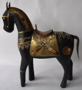 Indien Antique Traditionnel Cheval avec Super Graphisme-Fait Main En Bois Sculpture Figurine