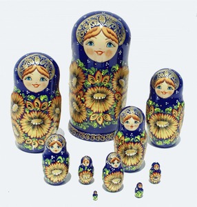 Venta al por mayor 10 piezas grande azul Floral de madera rusa anidamiento Matryoshka muñecas conjunto modelo de juguete para niños - Product Image 1