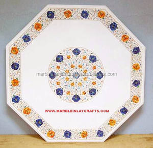 หินอ่อนสีขาวฝังโต๊ะรับประทานอาหารด้านบนแปดเหลี่ยมหินอ่อนฝังตารางด้านบน - Product Image 1