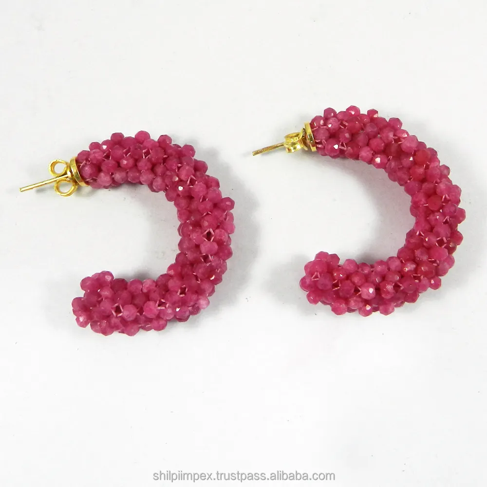 Fuchsia chalcedony beads gemstone 925 sterling silver gold plated designer stud earring