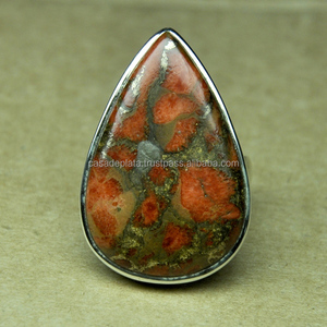 Anillo de plata 925 unisex con cabujón único en forma de pera, piedra preciosa turquesa de cobre naranja a la moda para bodas y fiestas - Product Image 3