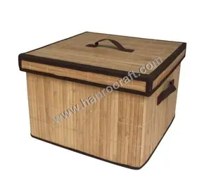 Panier de rangement pliant en bambou avec couvercle, poignées, doublure intérieure, produits en bambou (HMT 13,211l)