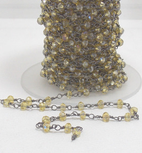 Perle enveloppée de fil de chaîne de chapelet de pierre précieuse mystique de citrine de rhodium noir à facettes avec des bijoux élégants de rondelle plaquée par or - Product Image 2