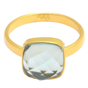 Anillo de Plata de Ley Chapado en Oro con Cuarzo Acuático de Corte Cojín y Bisel para Bodas, Compromisos, Fiestas, Aniversarios, Regalo - Product Image 1