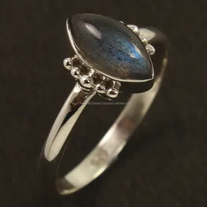Handmade Art Marquise Shaped Ring Size Natural Blue LABRADORITE Gemstone 925 Solid Sterling Silver Bezel Setting