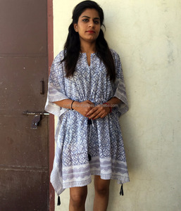 Sanganeri bloc imprimé femmes grande taille coton caftan fait à la main ample Poncho gris vêtements d'été manches courtes Maxi robe en gros - Product Image 1