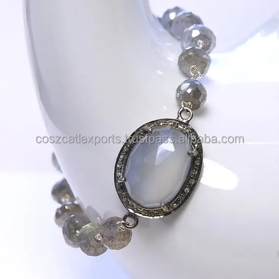 Bracelet pavé de diamant en pierre de lune, pierre de lune et Labradorite, Labradorite, Bracelet de pavé en pierre de lune Diamant naturel, pierres précieuses