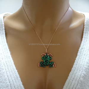 14K solide or rose or blanc à la mode vert grenouille pendentif collier à breloques collier en émail animal avec des bijoux fins pour les femmes - Product Image 2