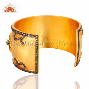 <b>Turquoise</b> and Cubic Zircon Gemstone Yellow Gold Plated Brass Wide Bangle Cuff Bracelet Jewelry Manufacturer and Supplier - Product Image 4
