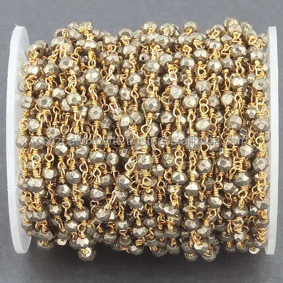 Natural Pyrite 3-3.5mm Rosary Style Beaded Chain Bulk Wholesale Beads wire wrapped 24k Gold Plated Chain