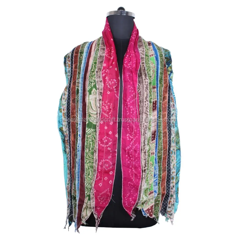 Винтажный шелковый шарф Sari из переработанного материала 10x70, палантин в стиле пэчворк, Женские аксессуары, разноцветный винтажный шелковый шарф в стиле пэчворк SC017