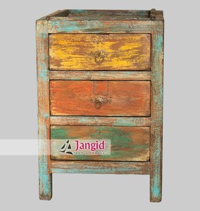 Vintage <b>Rustic</b> Reclaimed Indian Solid Wood <b>Bedside</b> Neightstands Small Storage 3 Drawers <b>Table</b> For Bedroom Living Room Farmhouse - Product Image 1