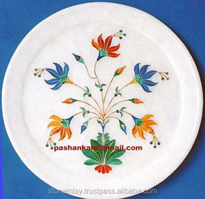 จานฝังหินอ่อนสีขาวทรงกลมสำหรับตกแต่งโรงแรมและห้องครัวสไตล์อินเดีย - Product Image 1