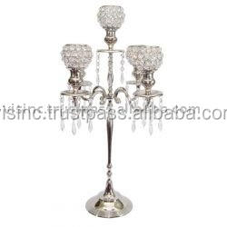 Candélabres en métal en aluminium fait à la main en cristal argenté à cinq lumières décor de mariage élégant avec lanternes et ornements OMKAAR - Product Image 4