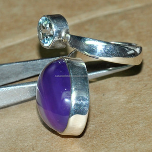 Agate à bandes violettes et topaze bleue Bague en argent sterling 925 Bijoux à la mode pour l'anniversaire de mariage de la fête des femmes - Product Image 2