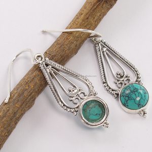 สไตล์ที่ไม่ซ้ํากันเทอร์ควอยซ์ (S) อัญมณี 45 มม.1 3/4" ความยาวต่างหู BEZEL การตั้งค่าทรงกลม 925 เงินสเตอร์ลิง - Product Image 2