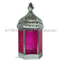 Pilier de lanterne en métal marocain porte-bougie lampe de luxe en cuivre Antique en verre bleu lanternes pour la décoration de la maison