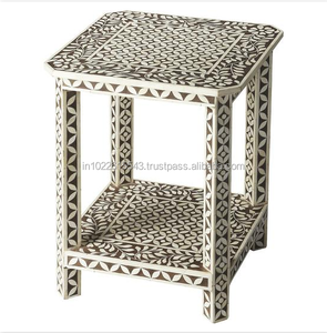 Mesa auxiliar moderna de dos estantes con incrustaciones de hueso muebles para el hogar blancos y marrones para sala de estar - Product Image 1