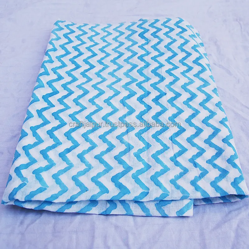 Hot Selling Handmade Zig Zag Block Printed Cotton Fabric Indian White Dressmaking Running Voile Material Fabric Wholesale