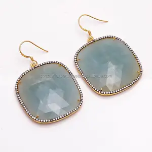 Anting-Anting Perak 925 Isian Emas CZ, Batu Permata Safir Potongan Mawar Alami